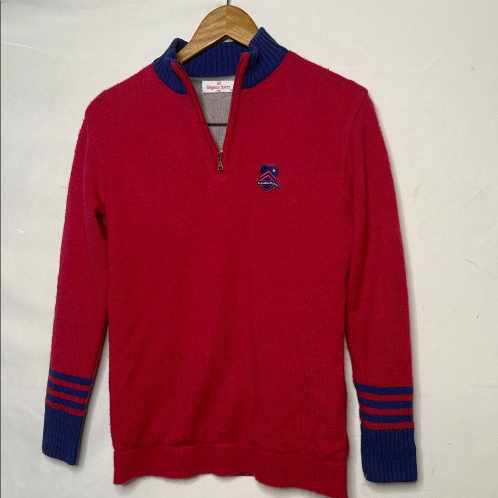 Elegance Sports Paris quarter zip pull over long sleeve pink blue sweater sz Med